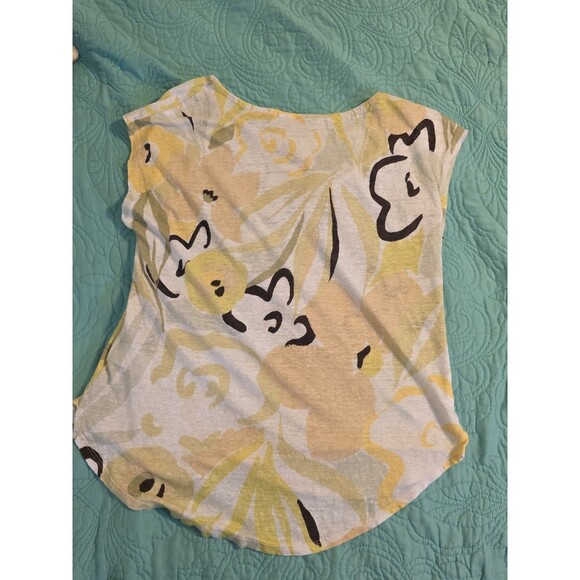 Rachel Zoe Top‎ Womens Size Medium Yellow Floral Short Sleeve 100% Linen Top - Picture 3 of 6